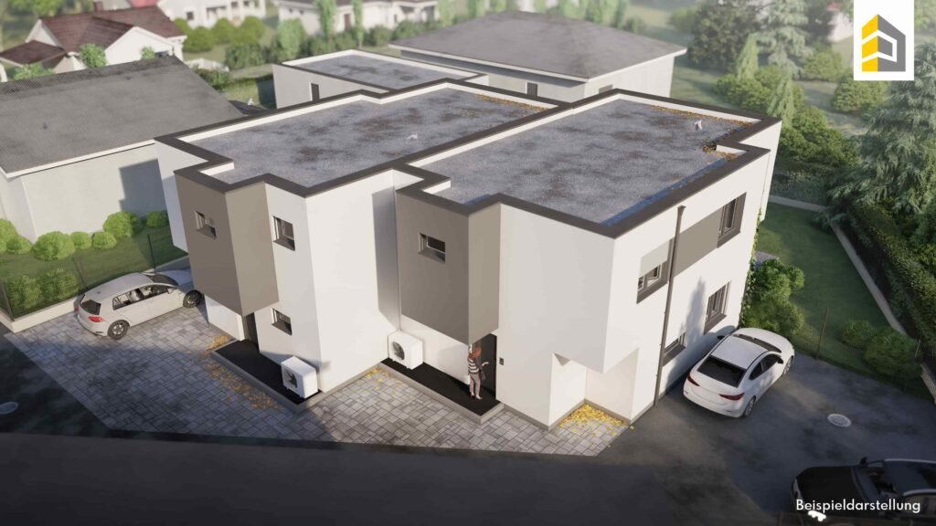 3D-Rendering modernes Wohnhaus mit Carport aus Vogelperspektive