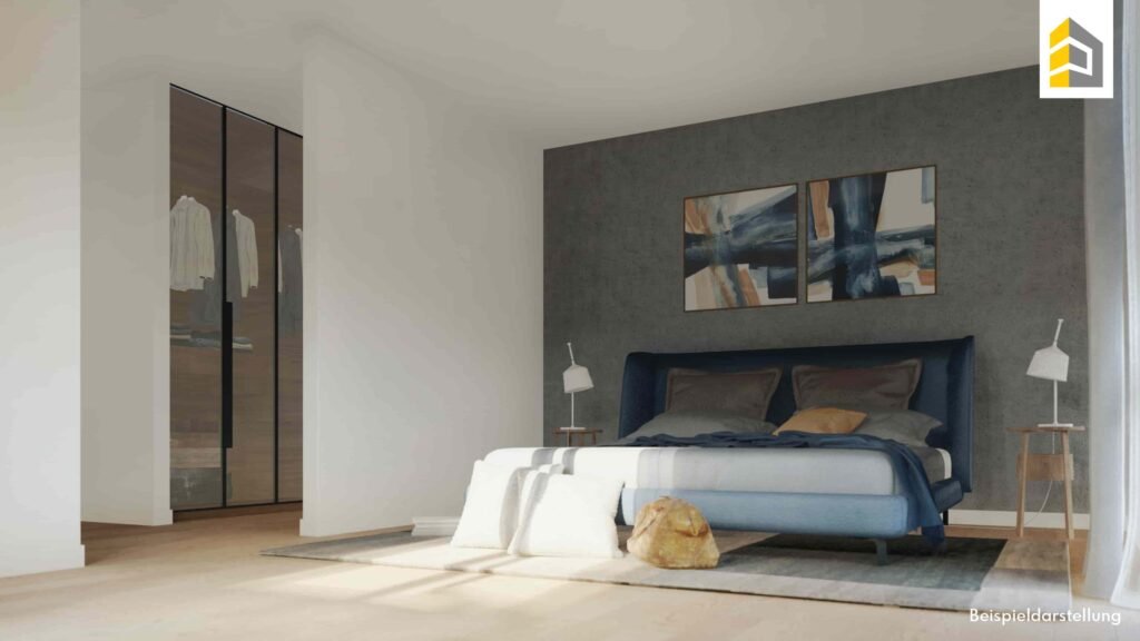 3D-Innenvisualisierung modernes Schlafzimmer mit Doppelbett