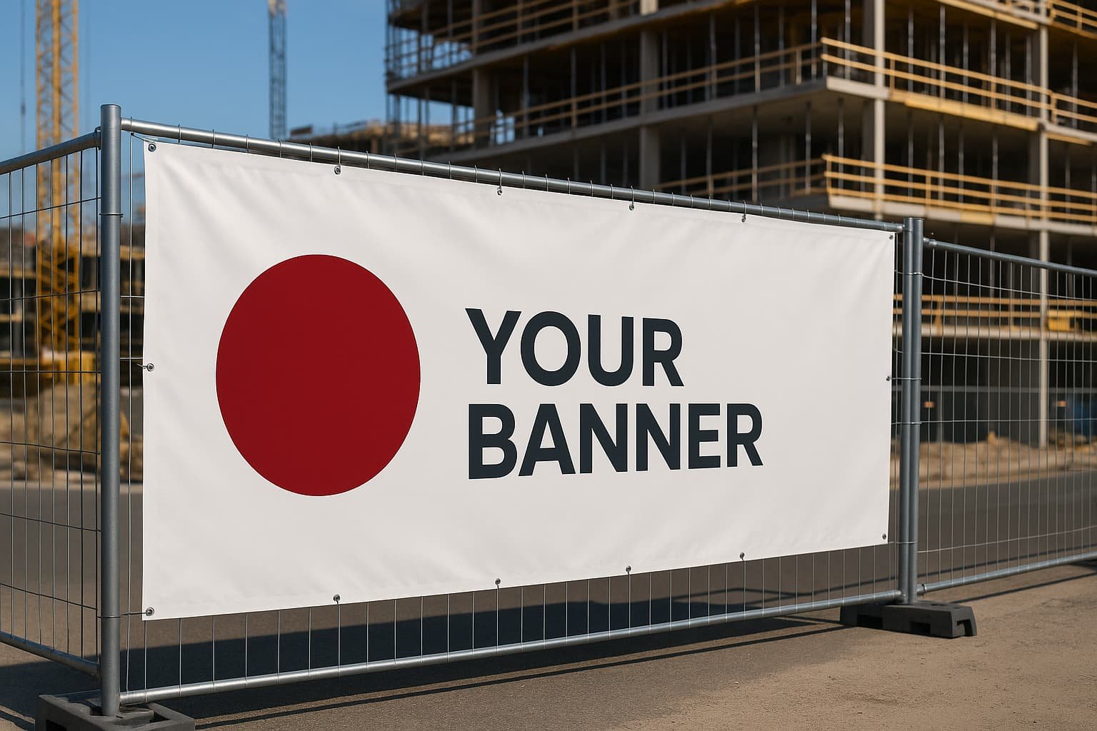 Bauzaunbanner mit Branding vor einer aktiven Baustelle.