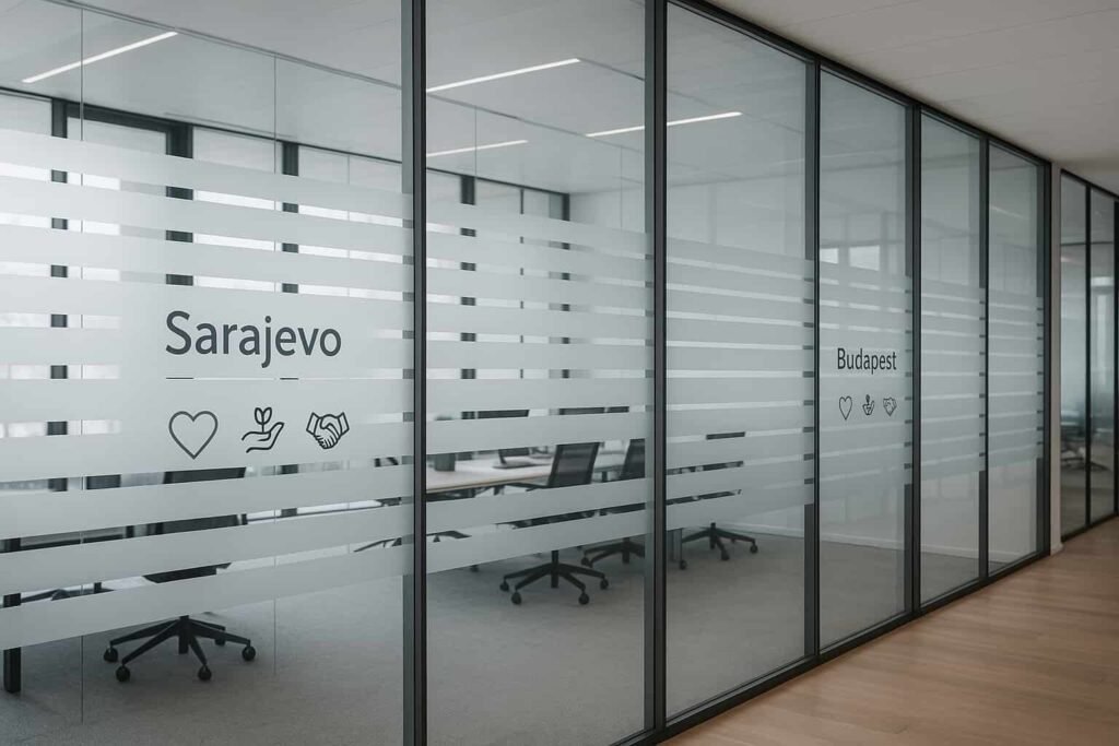 Modernes Büro mit Glasfronten und Milchglas-Sichtschutzfolien in Streifenoptik – professionelle Büro Glasfolierung in Wien.
