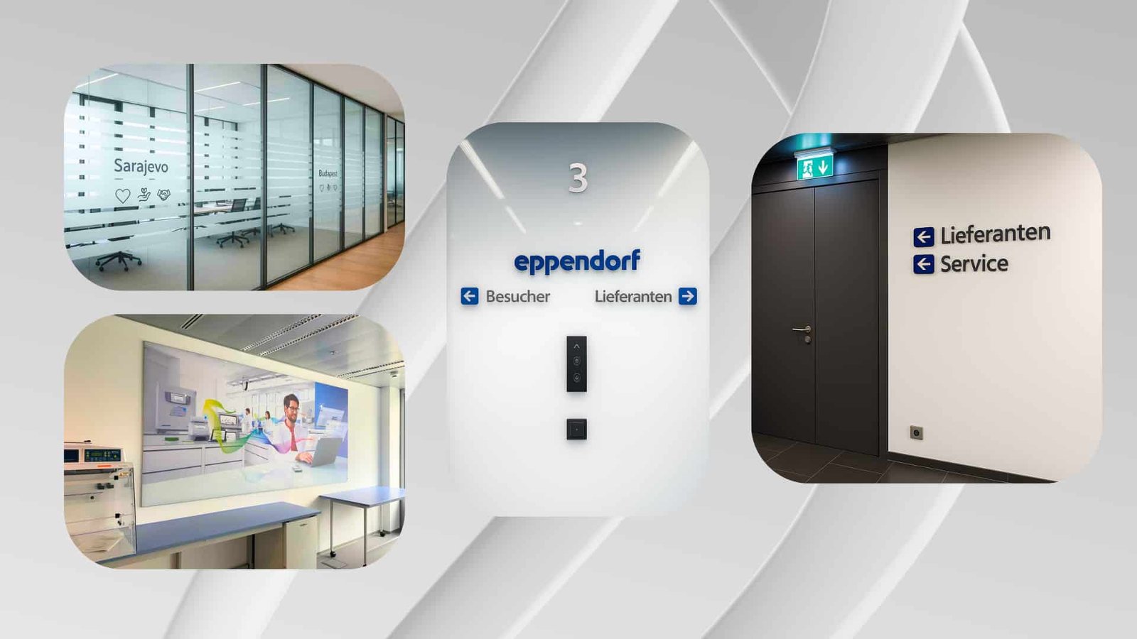 Collage moderner Büro-Beschilderung für Eppendorf: Türschilder, Wegeleitsystem, Glasfolierung mit Raumnamen und Spannrahmen.