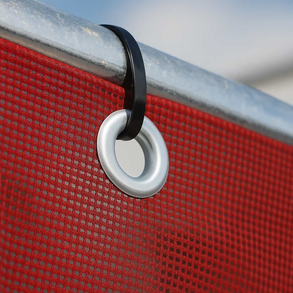 Detailaufnahme eines dunkelroten Mesh-Bauzaunbanners mit stabiler Metallöse und schwarzem Kabelbinder an einem verzinkten Stahlrohr.
