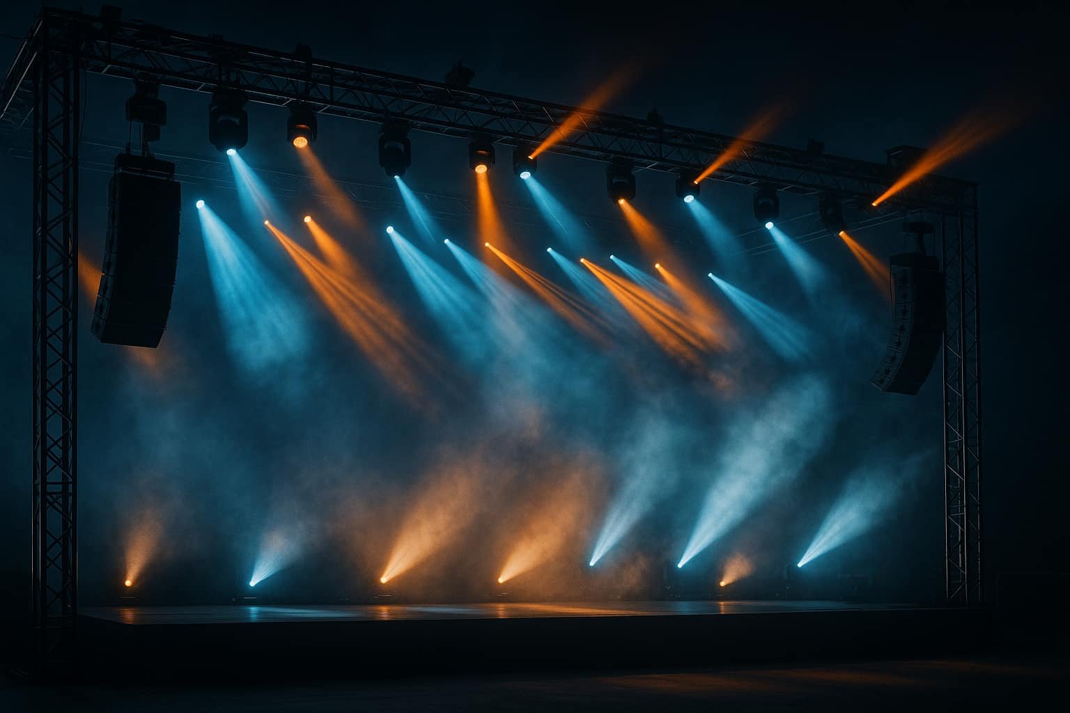 Eventbühne mit professioneller Bühnentechnik, Lichtshow und Nebeleffekten auf Festival