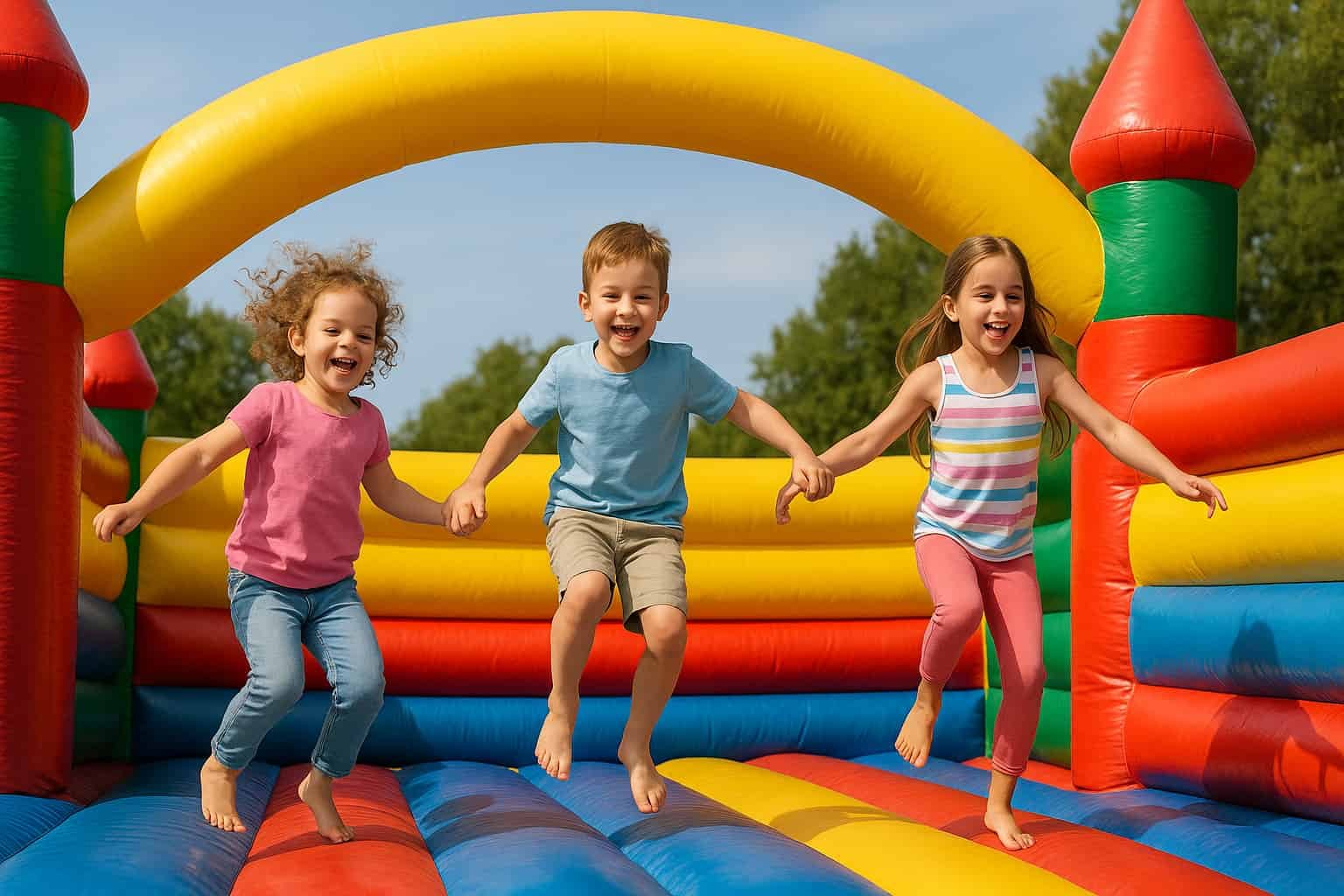 Kinder springen auf bunter Hüpfburg im Freien