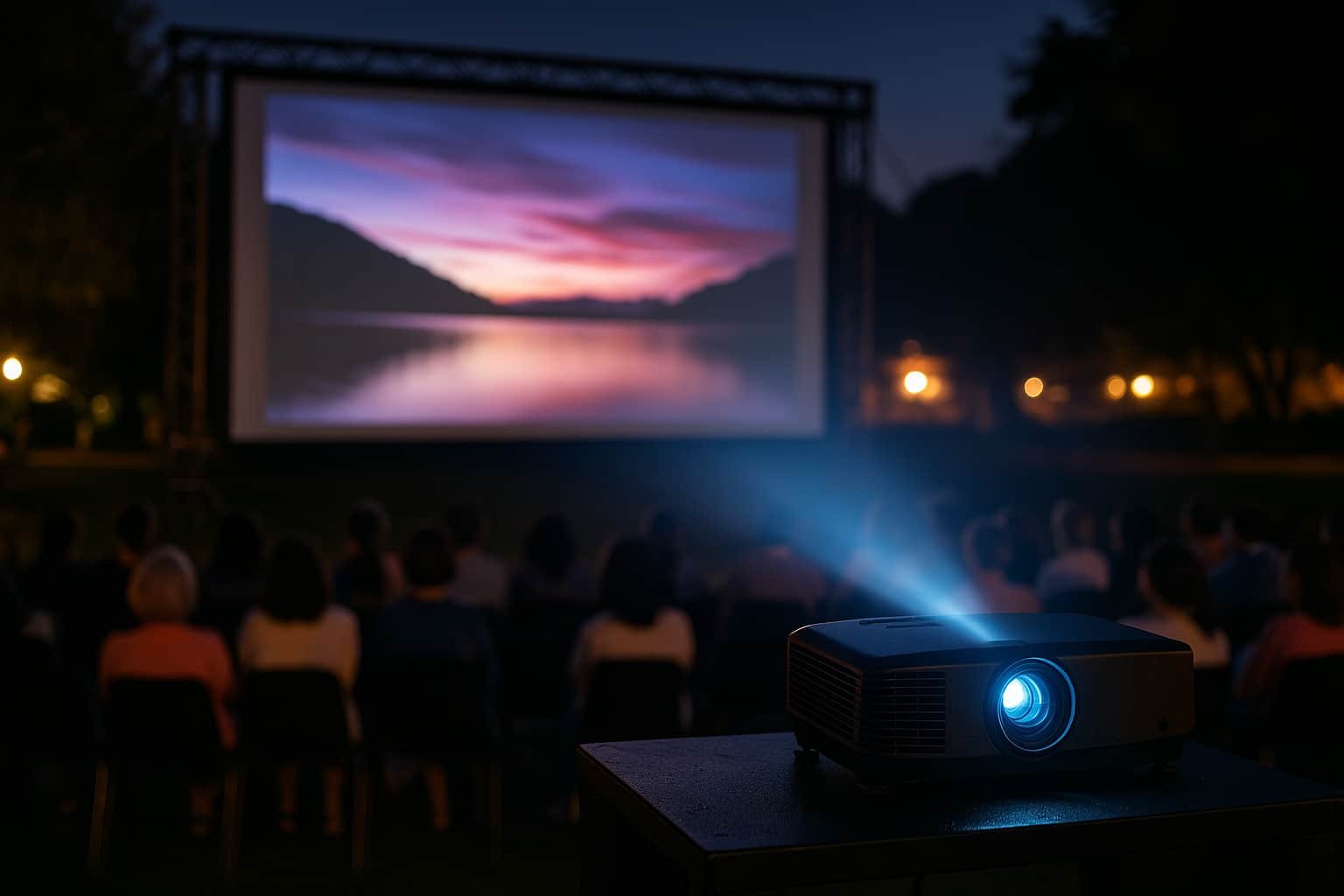 Projektor zeigt Präsentation auf große Leinwand bei Abendveranstaltung