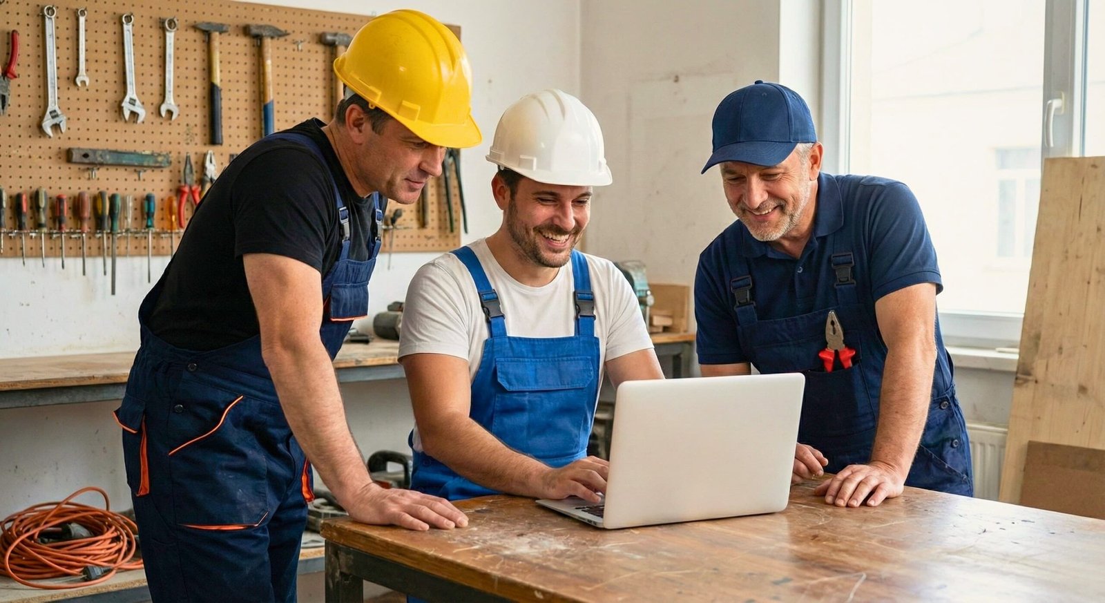 Handwerker-Team (Elektriker, Maler, Installateur) betrachtet Laptop mit Website im modernen Arbeitsumfeld, Werkzeuge im Hintergrund.
