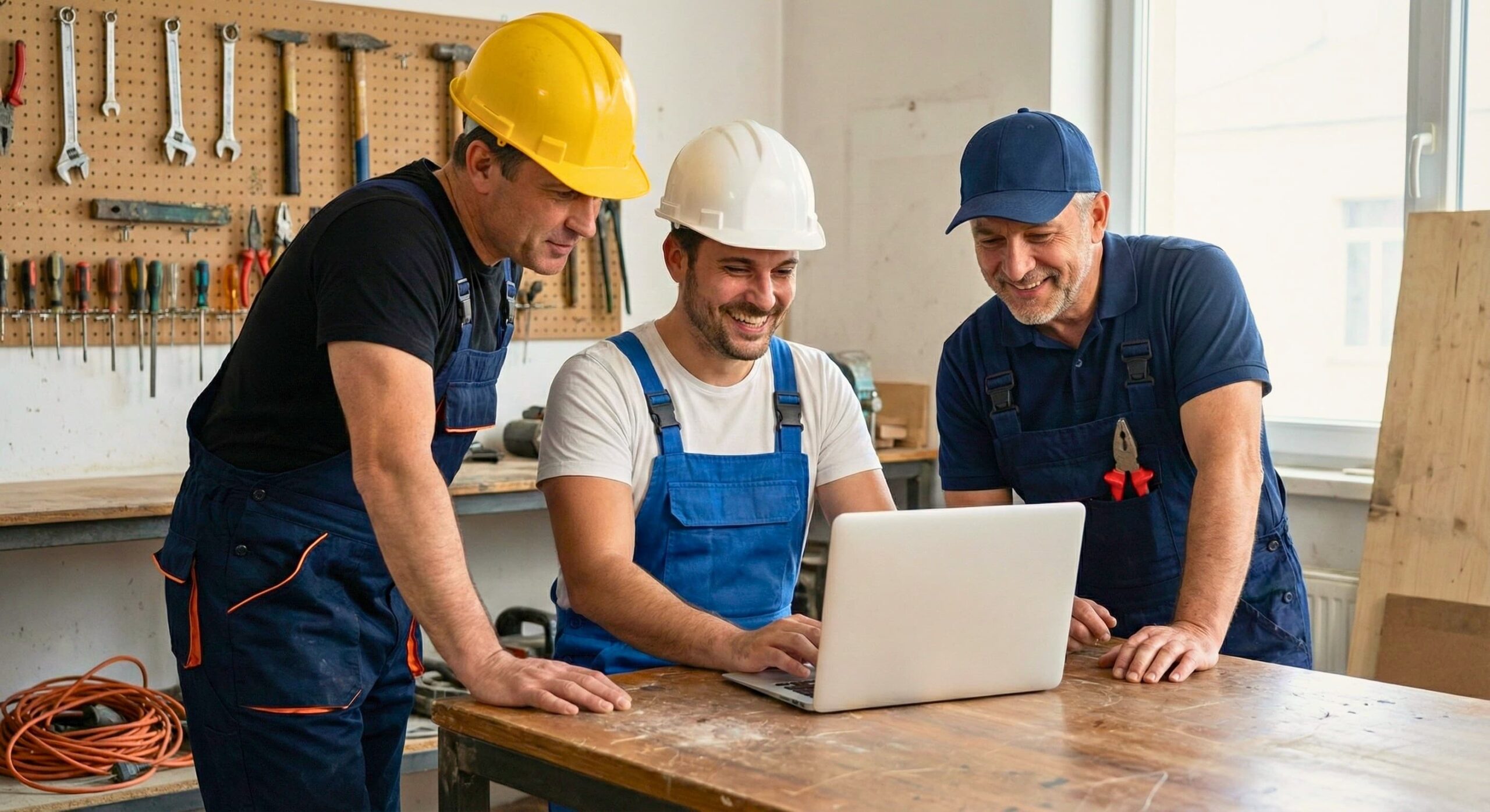 Handwerker-Team (Elektriker, Maler, Installateur) betrachtet Laptop mit Website im modernen Arbeitsumfeld, Werkzeuge im Hintergrund.