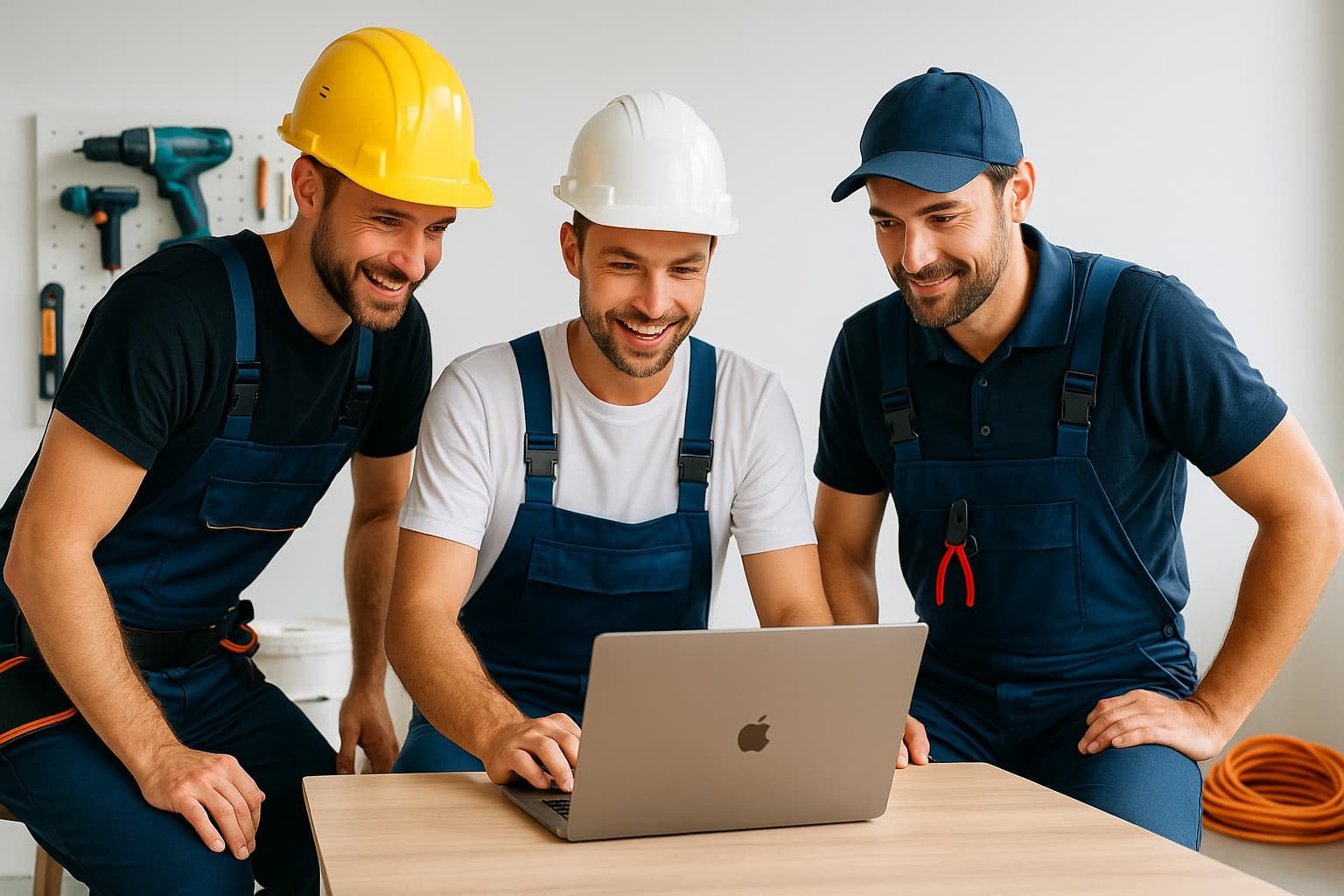Handwerker-Team (Elektriker, Maler, Installateur) betrachtet Laptop mit Website im modernen Arbeitsumfeld, Werkzeuge im Hintergrund.
