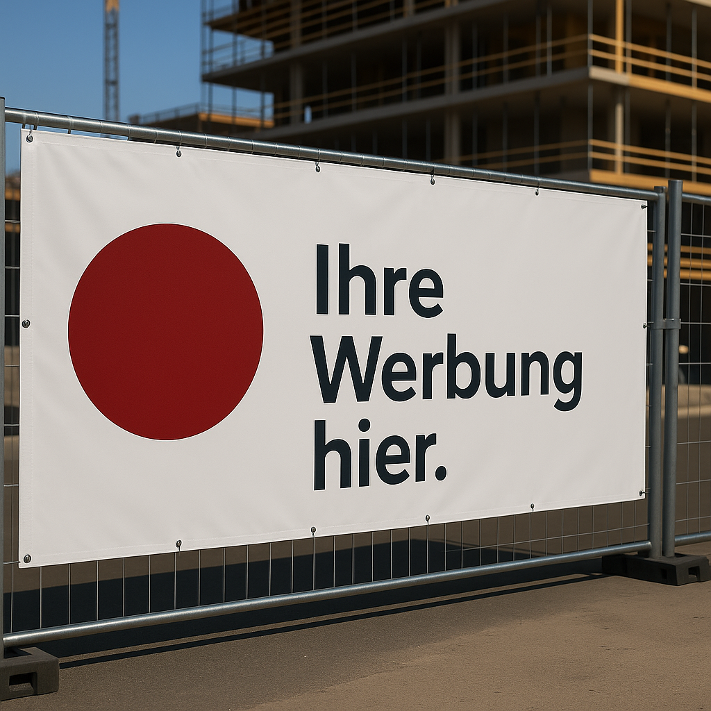 Werbebanner an einem Bauzaun mit der Aufschrift ‚Ihre Werbung hier.‘ und rotem Kreis, vor einem Rohbau im Hintergrund.