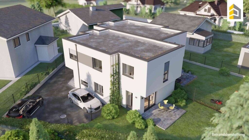 Fotorealistische 3D-Visualisierung moderner Doppelhaushälfte mit Garten und Carport