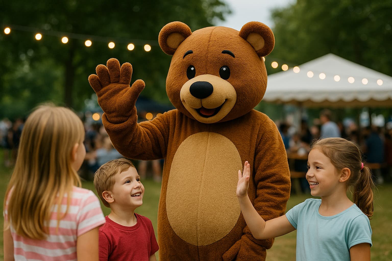 Mensch im Maskottchen-Kostüm winkt Kindern auf einem Fest