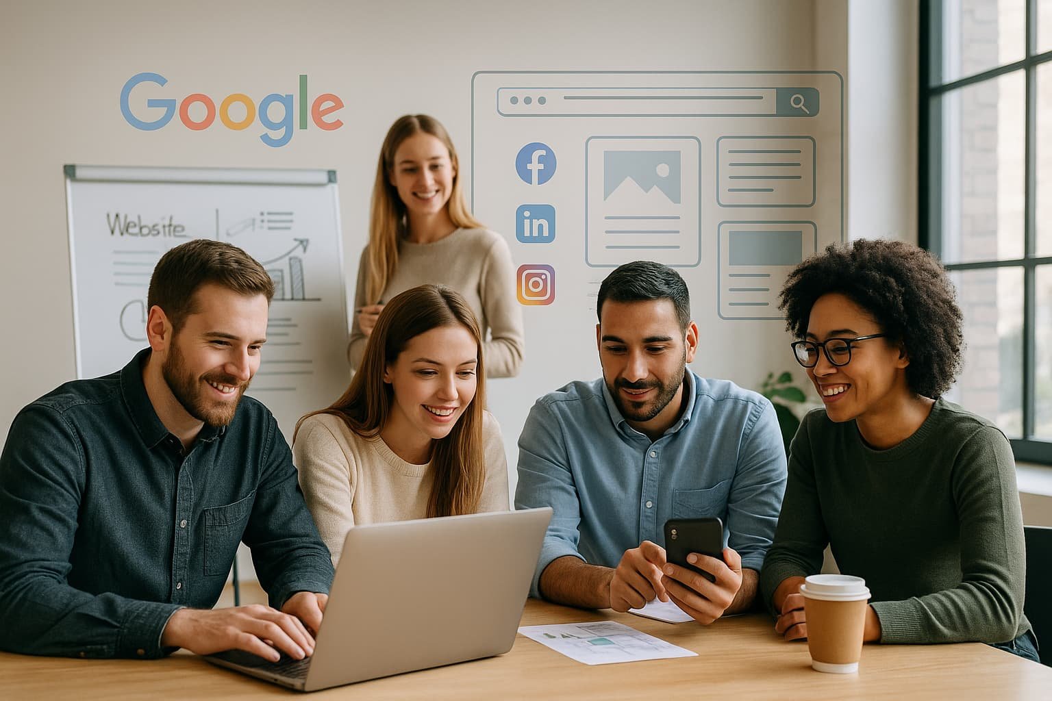 Startup-Team im Coworking-Space arbeitet an Online-Marketing-Strategien mit Laptop, Smartphone und Whiteboard – Gründer Leitfaden 2025.