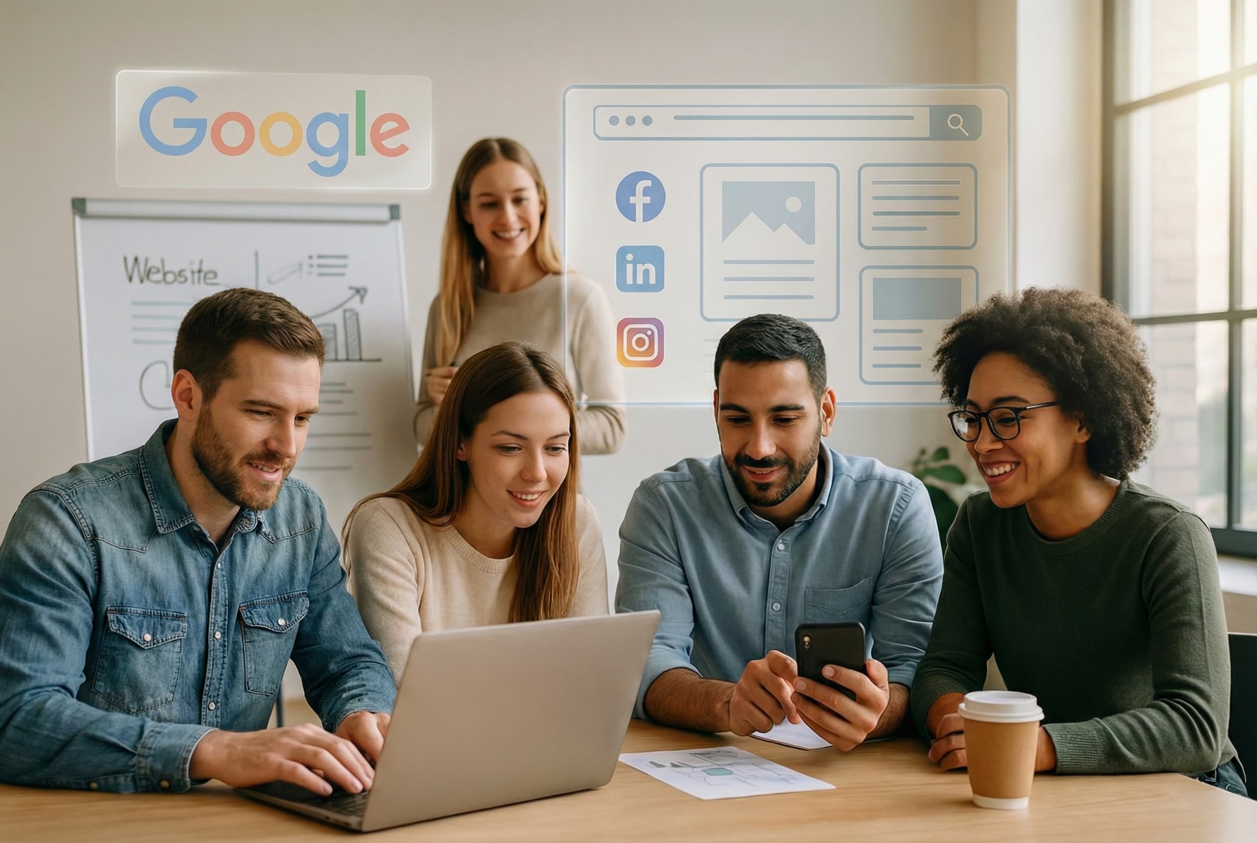 Startup-Team im Coworking-Space arbeitet an Online-Marketing-Strategien mit Laptop, Smartphone und Whiteboard – Gründer Leitfaden 2025.