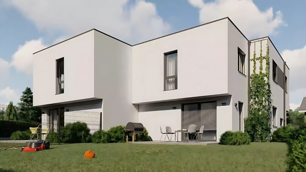 3D-Visualisierung modernes Einfamilienhaus mit weißer Fassade