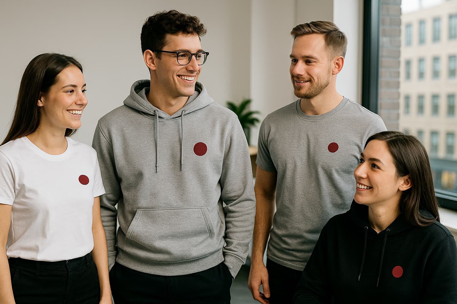 Team in gebrandeten Hoodies und T-Shirts mit dezentem LogoTeam in gebrandeten Hoodies und T-Shirts mit dezentem Logo
