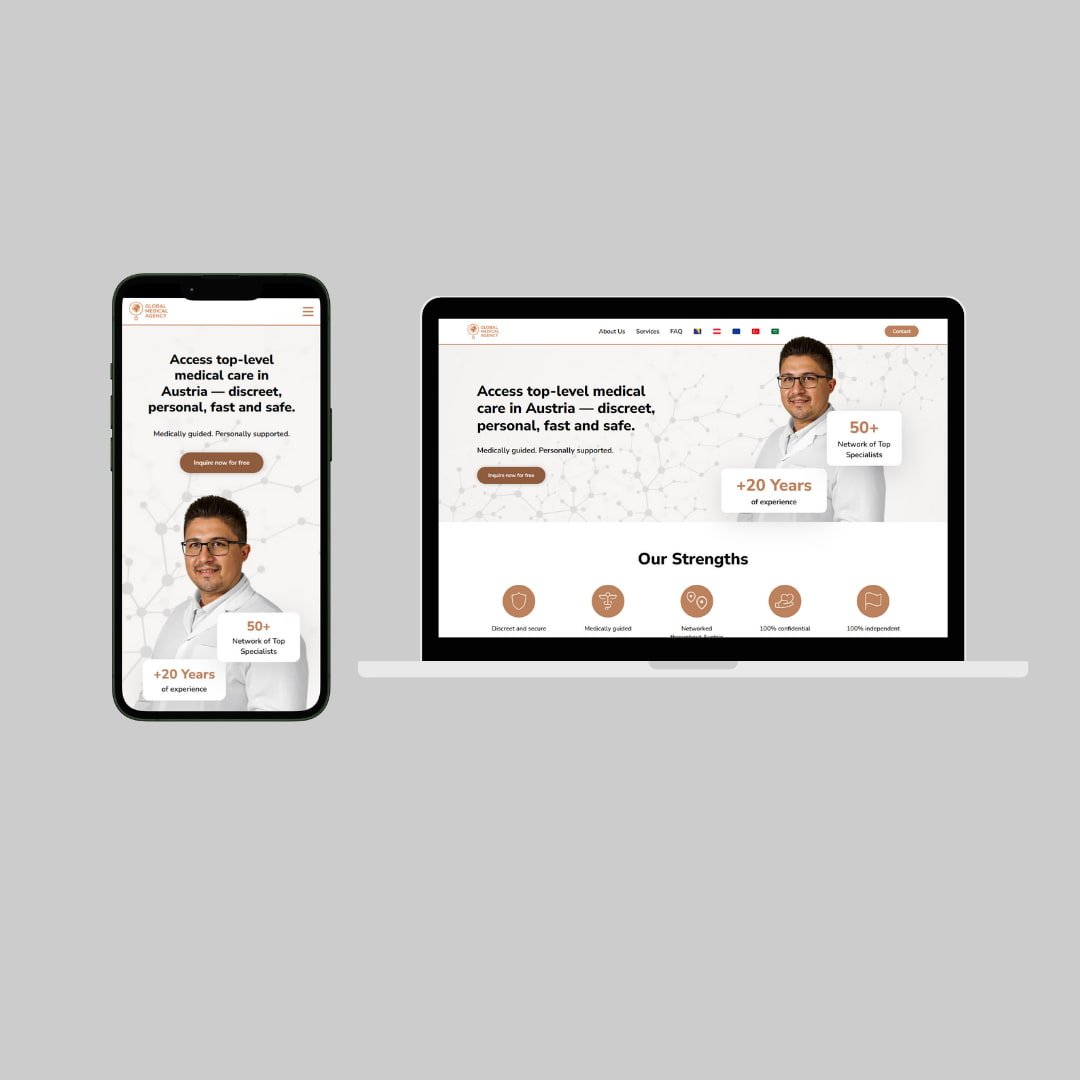 Webseite für Arztpraxis und Beauty-Praxen – modernes One-Pager-Design mit Arzt, Key Facts und Mehrsprachigkeit.