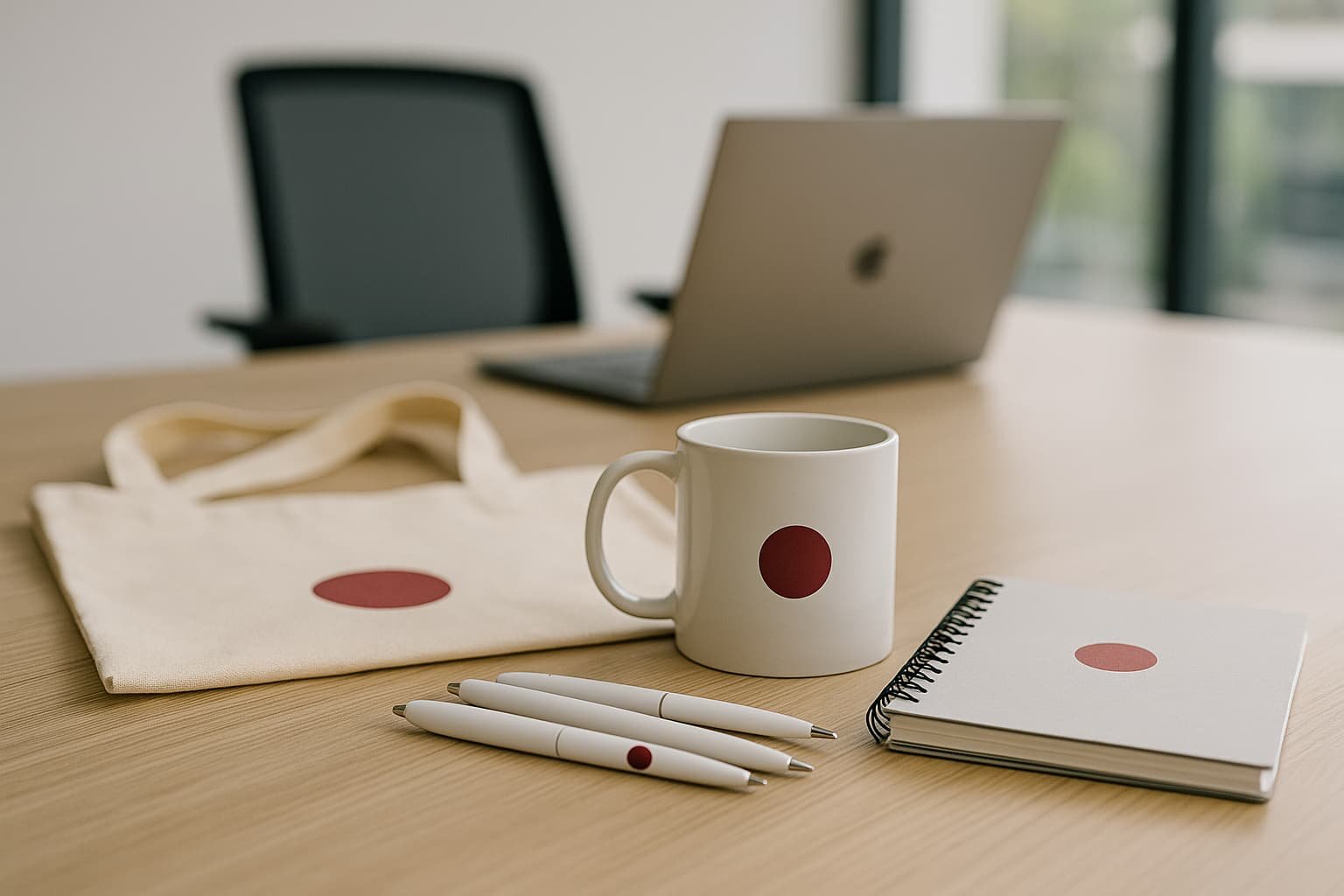 Bedruckte Werbeartikel: Tasse, Stifte, Notizbuch und Baumwolltasche auf Schreibtisch
